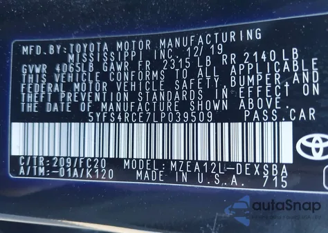 2020 Toyota Corolla Se из США, поврежденный, VIN 5YFS4RCE7LP039509